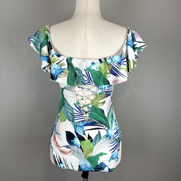 La Blanca In The Moment Ruffle Off Shoulder One Piece Swimsuit Size 8 Floral - Picture 5 of 11